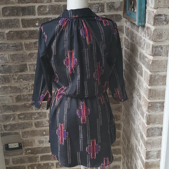 Aqua Tribal Print Waist Tie Long Sleeve Dress - Picture 3 of 5